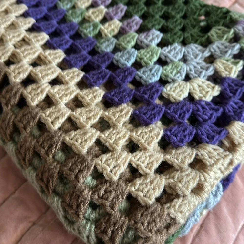 Throw blanket, granny square green purple brown, 45” x 55”